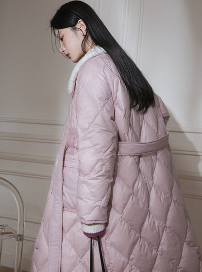 Milk Peach Diamond Line Waist Bow Long Quilted Coat