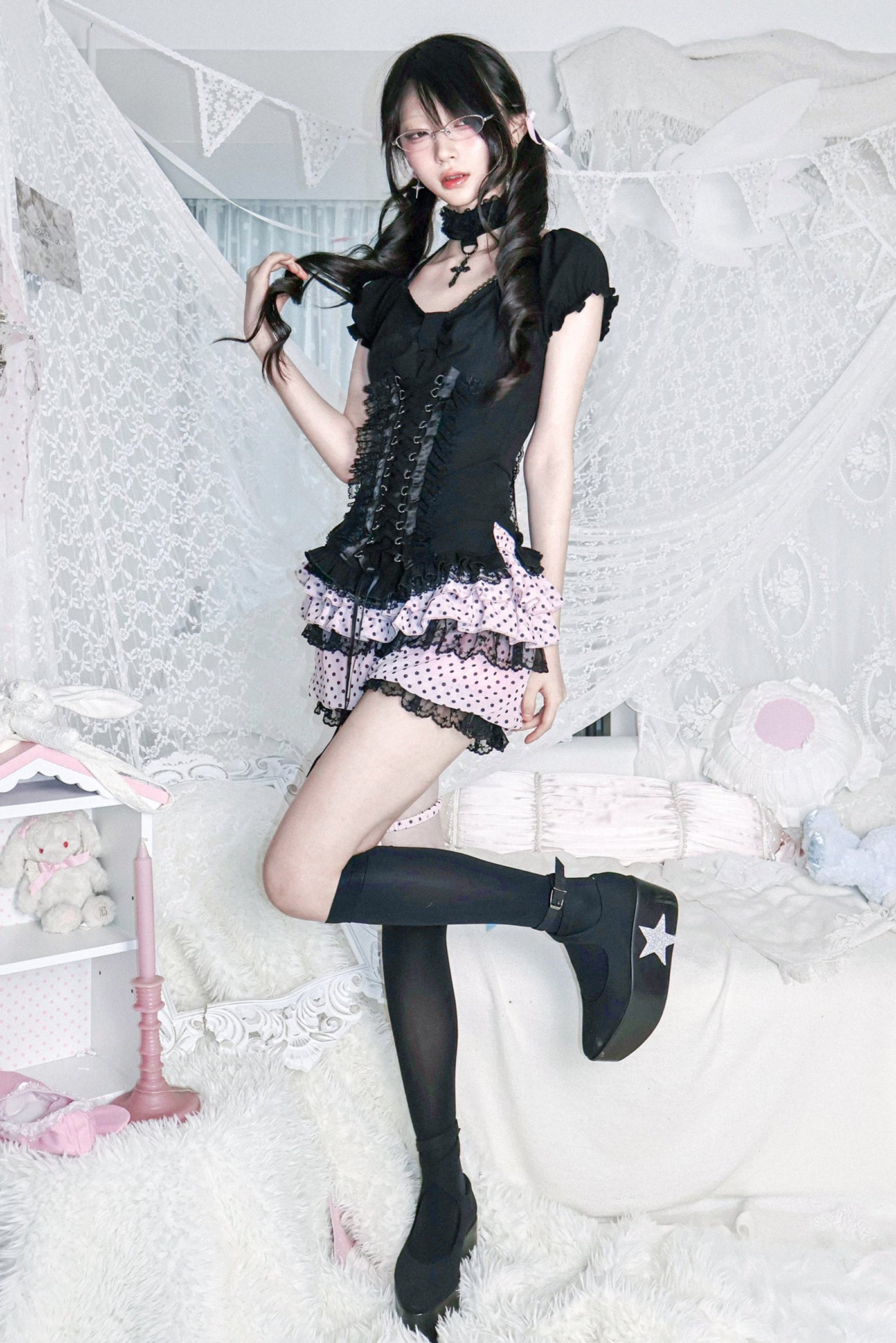 Y2Kドットレースレッグループ付きパンツ