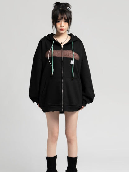 Center Logo Zip-Up Over Hooded Hoodie