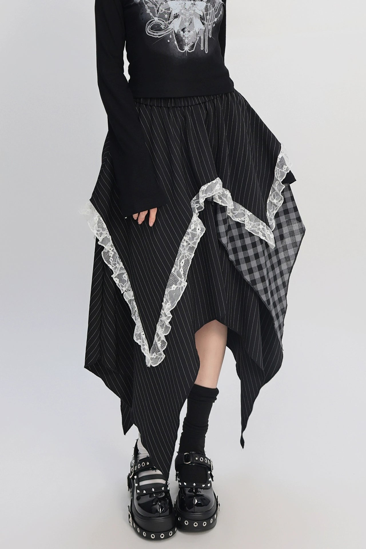パッチワークアシメストライプチェックレーススカート