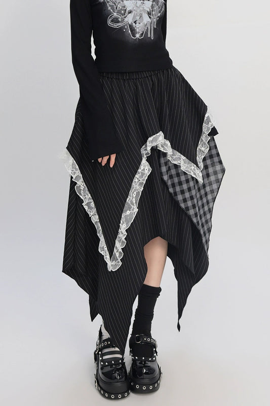 パッチワークアシメストライプチェックレーススカート