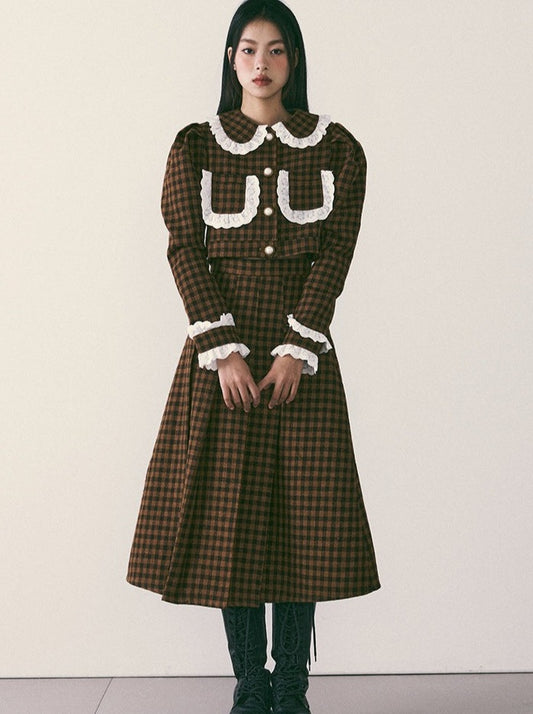 Retro Brown Check Lace Jacket + Long Check Skirt