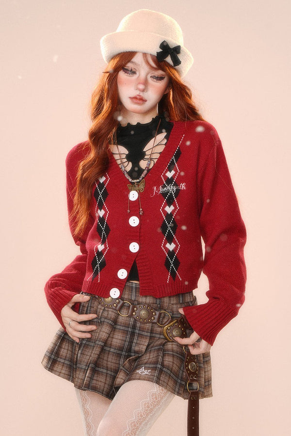 プラムレッドVネックニットカーディガン