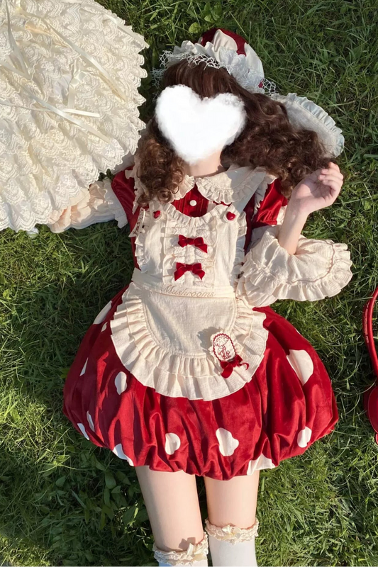 キノコドールワンピース+リボンフリルエプロン+フリルスリーブ+うさ耳ハット