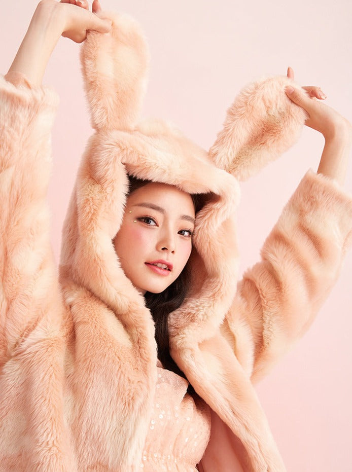 Sugar Cream Orange Rabbit Faux Fur Coat