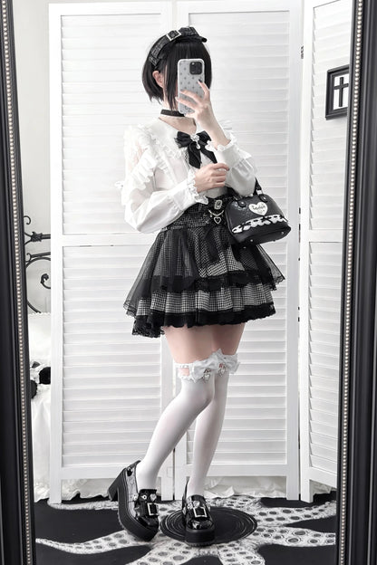 【11月15日予約締切】White Ruffle Trim Lace Sleeve Blouse＋Black White Pearl Bow Tiered Houndstooth Skirt＋Rhinestone Lace Ribbon Brooch