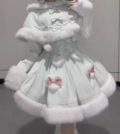 【12月19日予約締切】Sweet Dream Rabbitミントグリーンうさ耳フーディーファーケープ＋OPドレス＋サスペンダードレス＋インナートップス