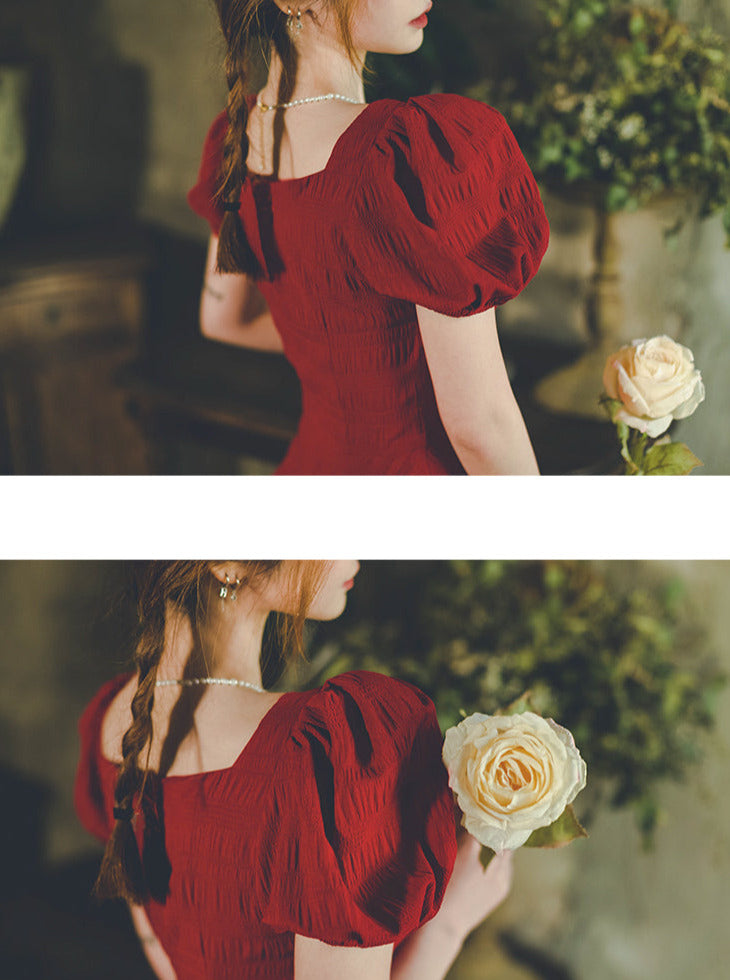 Wine Red Puff Sleeve Crinkle French Dress 