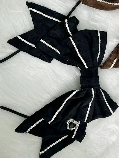 【10月3日予約締切】Black/White Elegant Gothic Series Accessories(Black Butterfly Print Striped Ribbon Hat, Black Rose Ribbon Brooch, Ribbon KC, Hair Clip Pair, Bonnet)