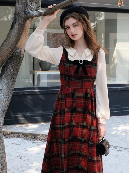 French Check Suspender Skirt + Pure White Blouse