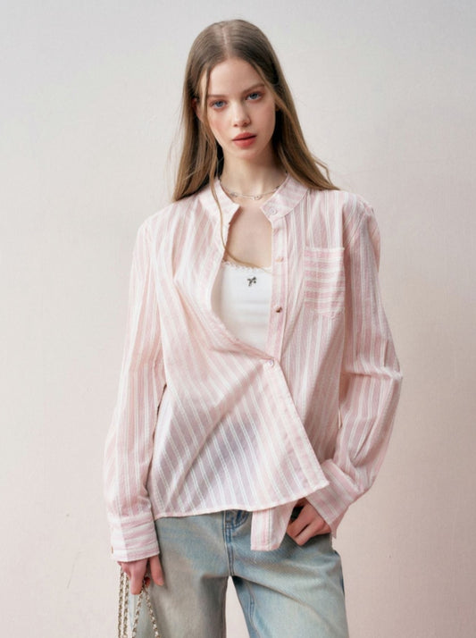 Kroche flagship store pink and white contrasting bow tie striped shirt women's new French long sleeve shirt