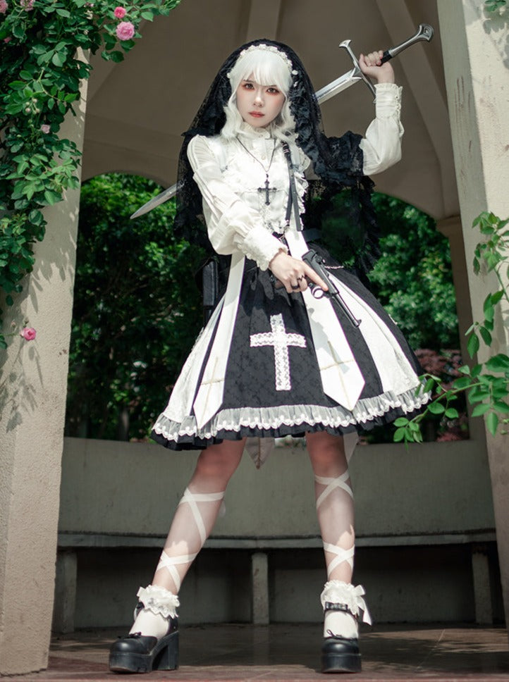 Cross Elegant Lolita Dress + Short Jacket + Hairband + Veil + Collar