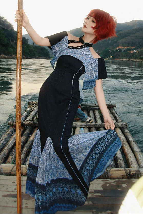 Blue Tie-Dye Jacquard Dress