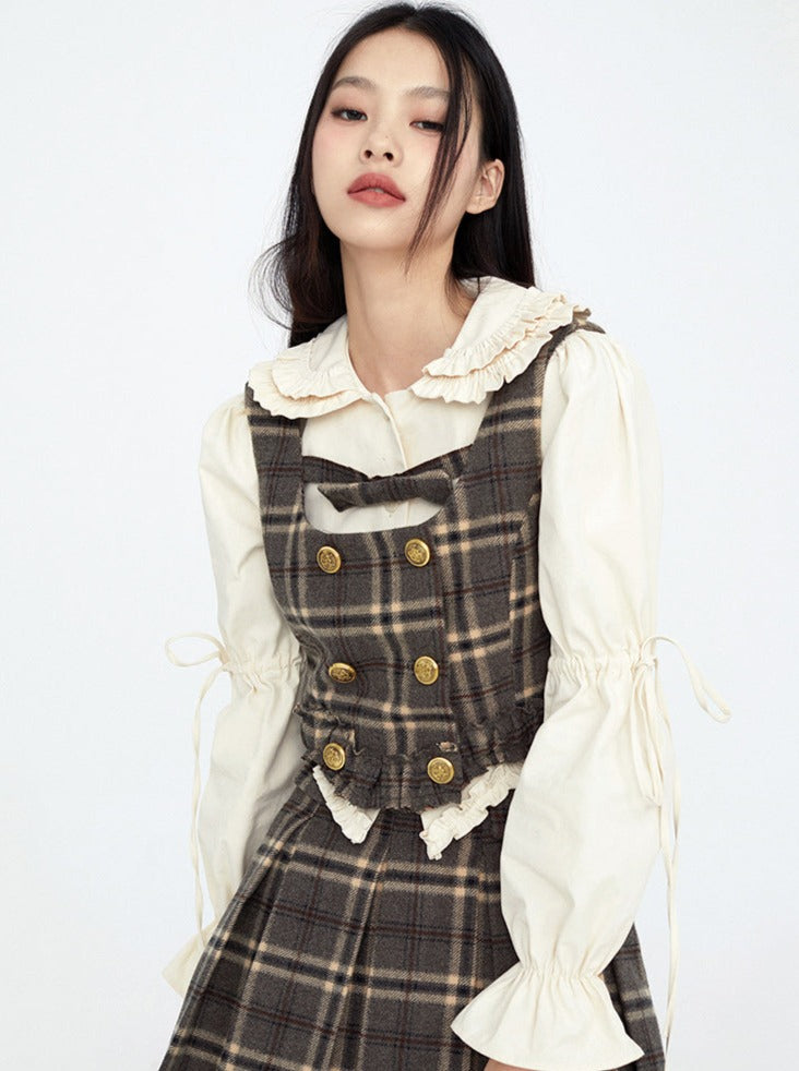 Brown Retro Check Suspenders + Check Skirt