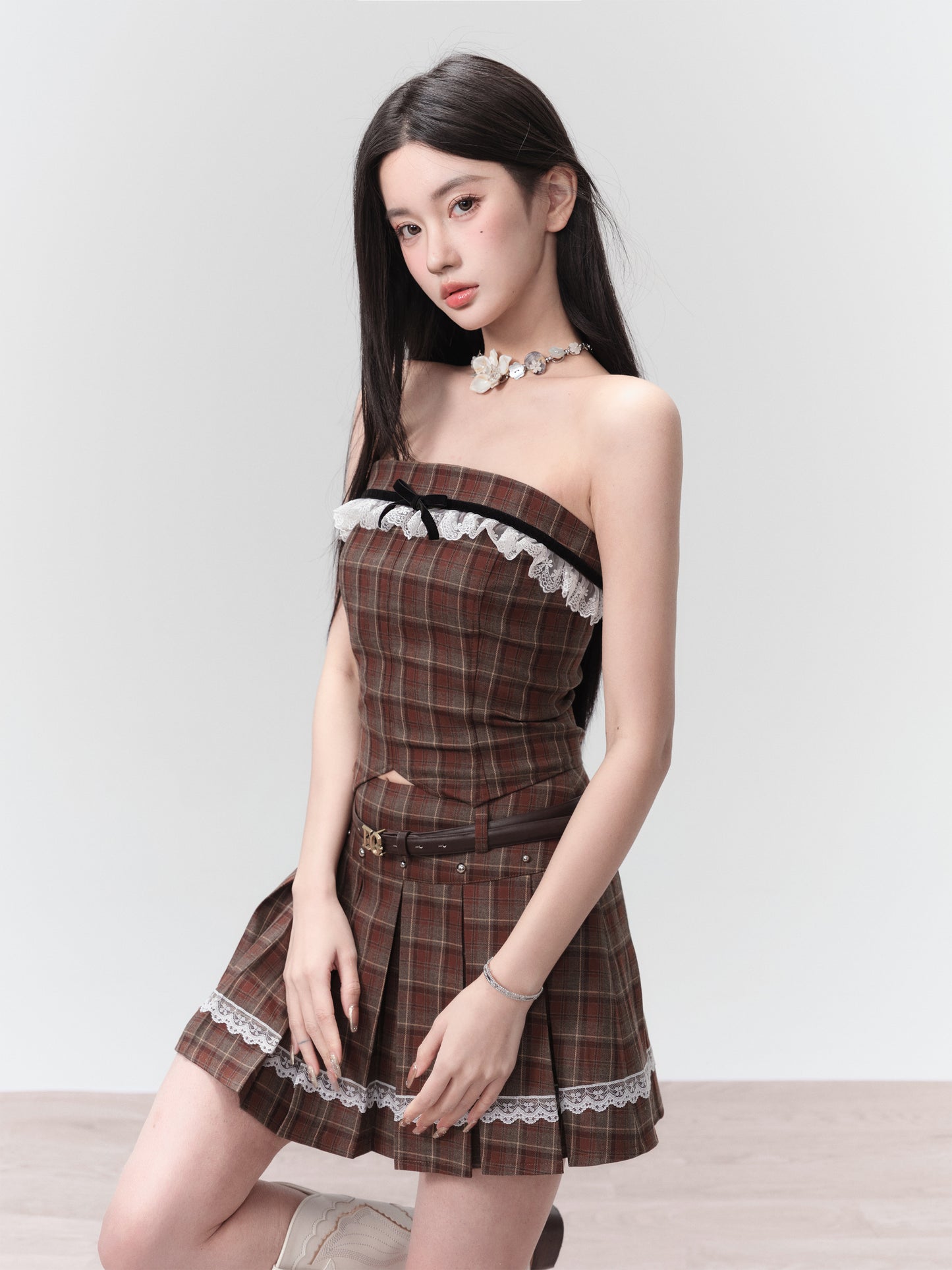 Spot] Fragible Shop, Latte Cocoa, American Retro Plaid Bandeau College Style Two-Piece Set