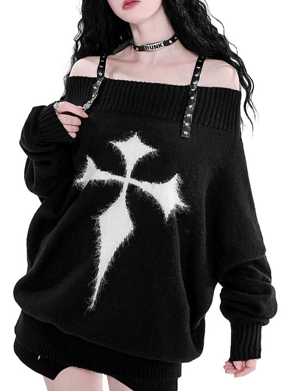 Cross Pattern Punk Rivet Shoulder Strap Off-Shoulder Knit Sweater