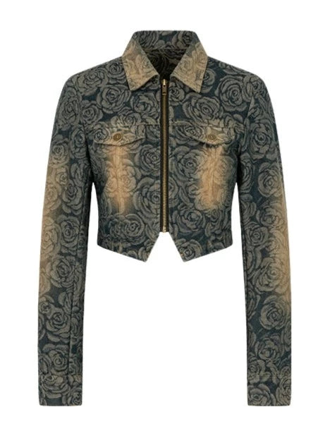 American Hot Girl Flower Denim Jacket + Denim Pleated Skirt + Belt