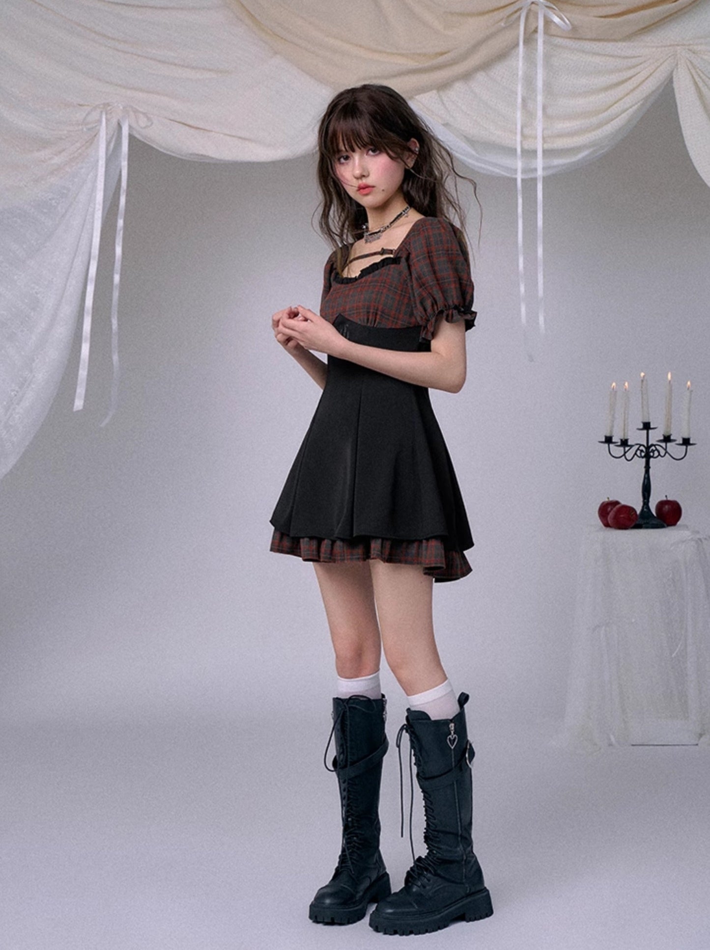 SagiDolls Girly Fighting Spirit #RedFlavour #Black Red Checkered Puff Sleeve Candelabra Embroidered Backless Dress