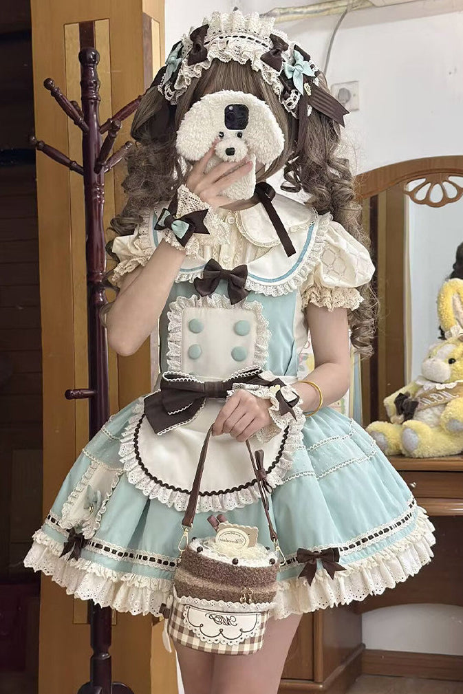 【Pre-order item】Chocolate Mint Sailor Collar Girly Maid Dress + Cake Hat