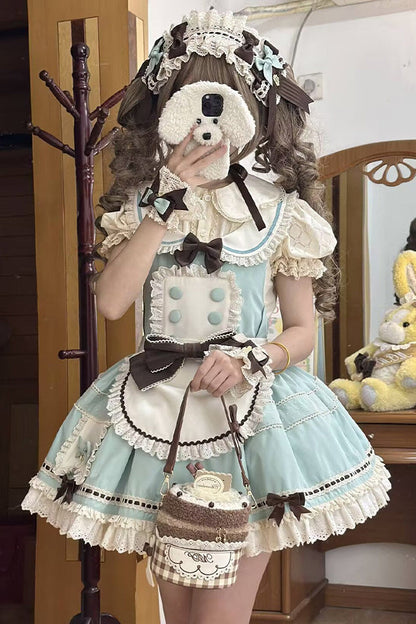 【Pre-order item】Chocolate Mint Sailor Collar Girly Maid Dress + Cake Hat