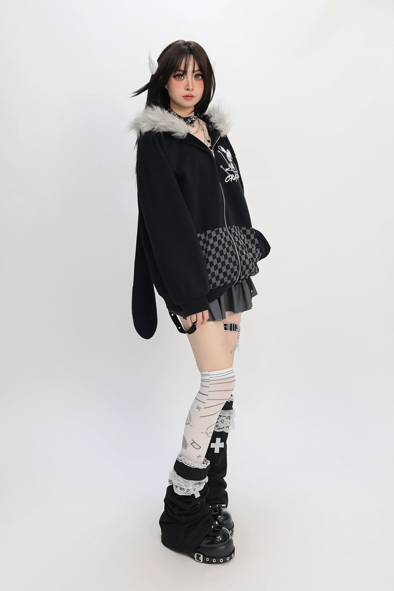 ファーチェックラビットフードパーカー