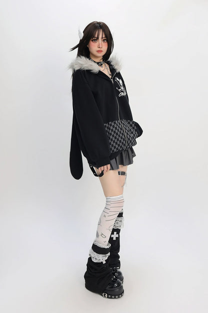 ファーチェックラビットフードパーカー