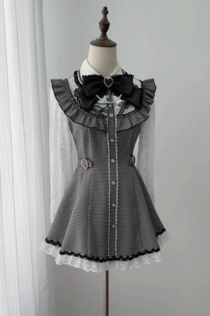 [Pre-order Deadline: November 15] Houndstooth Lace Sleeve Ruffle Dress + Matching Shorts + Pearl Ribbon Set