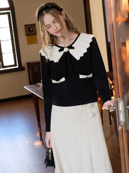 French Color Block Wave Lapel Ribbon Retro Sweater Cardigan