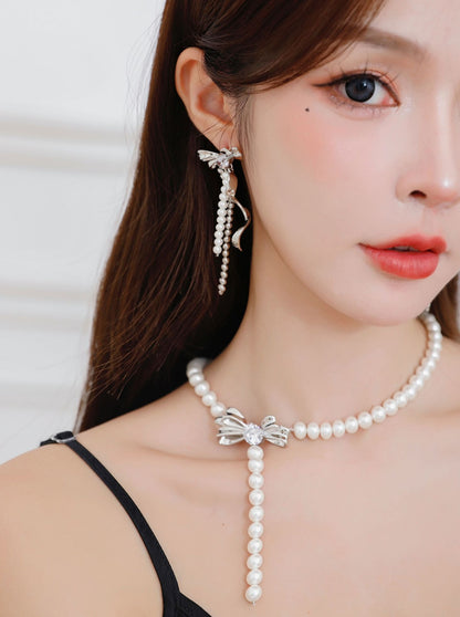 Silver Ribbon Pearl Necklace + Earrings