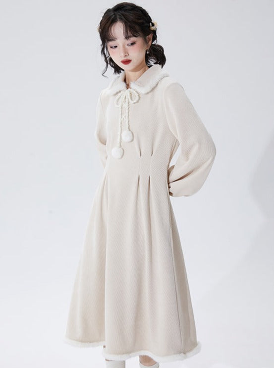 Beige Corduroy Waist Mark Long Coat