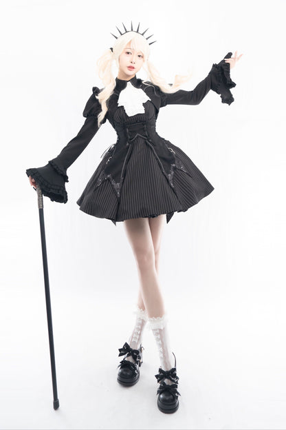 [Reservation Deadline: March 29] Elegant Gothic Punk Series Striped Dress + Jabot Faux Collar