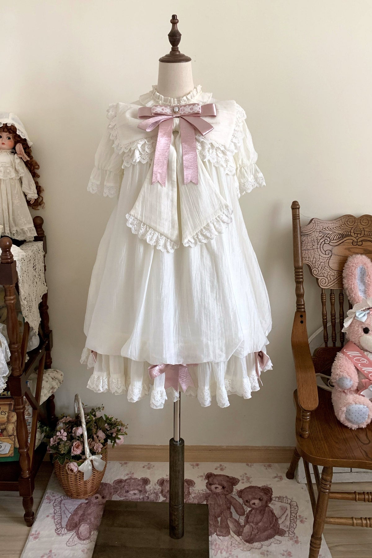 【9月19日予約締切】Pink x Beige / Dark Blue x Beige Doll Style Sweet Lolita Bow Lace Puff Sleeve Dress + Dress Set + Full Set