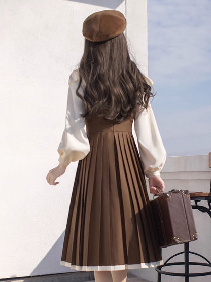 College retro stand collar ruffle shirt + pleated suspender dress + ribbon accessories