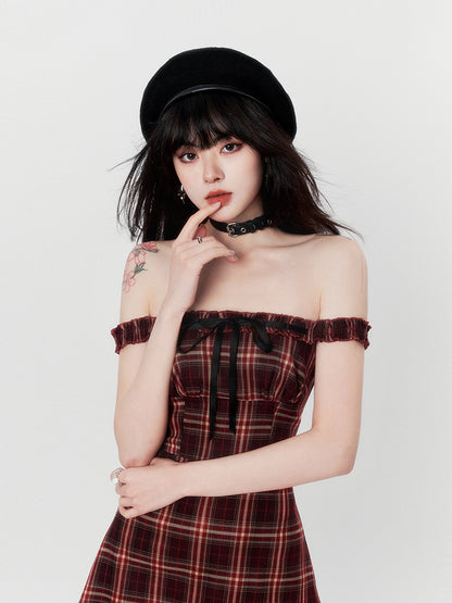 French Retro Check Ilehem Frill Ribbon Sas Dress