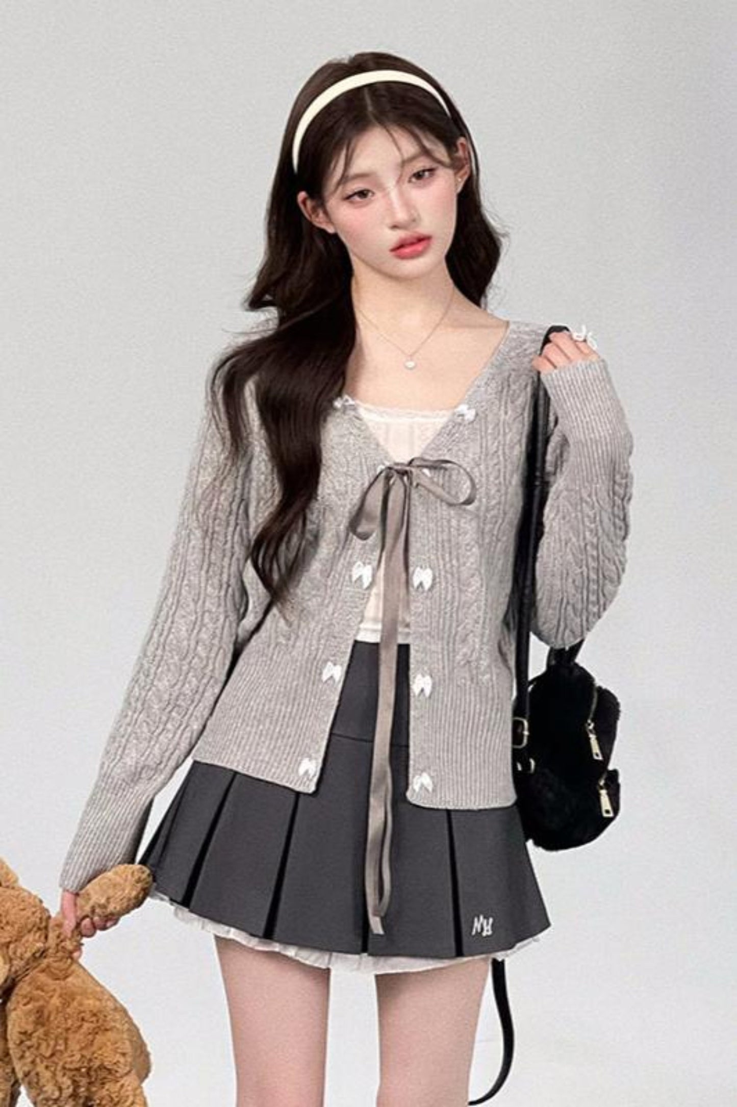 Bell Design Bow Knit Cardigan + Lace Pleated Skirt