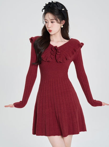 Volume Frill V-Neck Ribbed Knit Dress