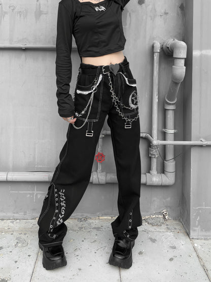 PUNK ROCK BUCKLE EYELET BLACK PANTS + CHAIN ​​HEART BELT