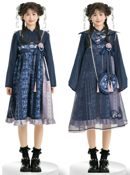 Chinese layered set-up [bell-sleeved shirt + shoulder ribbon skirt + tulle dress + bag] [Reserved item