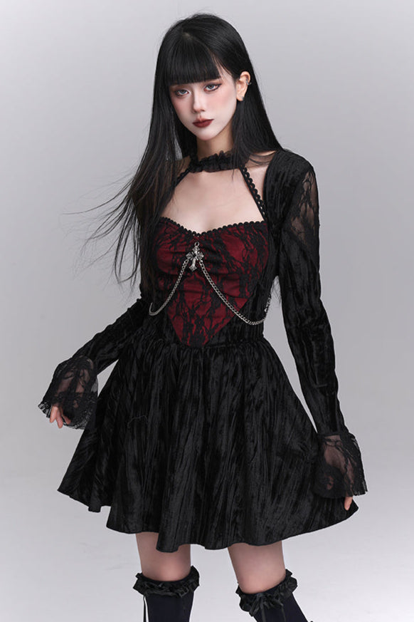 Gothic Style Open Neck Dress + Short Cardigan