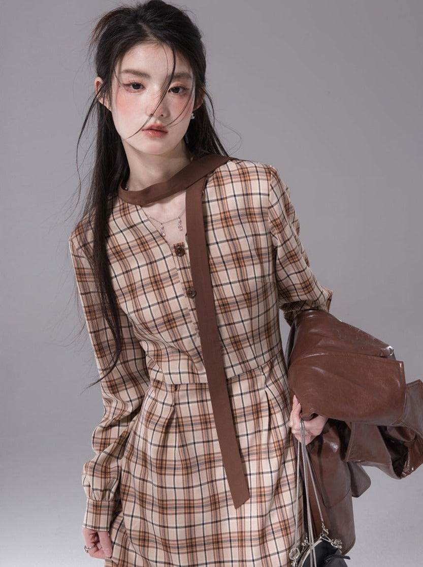 Maple Sugar Check Slit Fishtail Dress