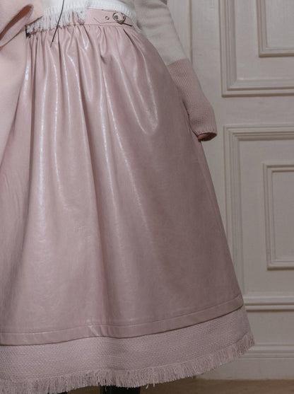 Milky Peach Sweetheart Belt Leather Long Skirt