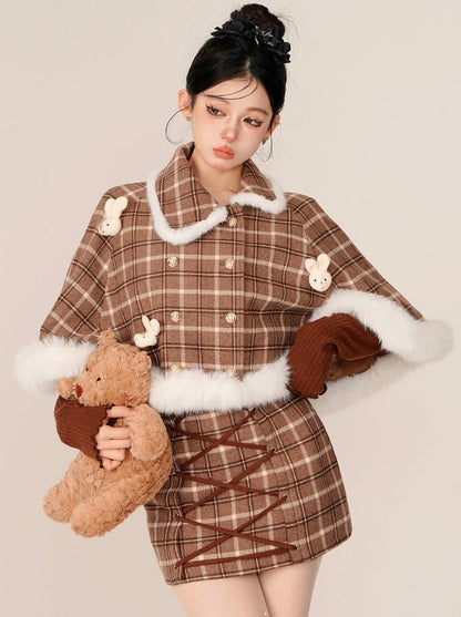 Check Rabbit Fur Mant + Tight Lace Up Suspender Skirt [Reserved Item].