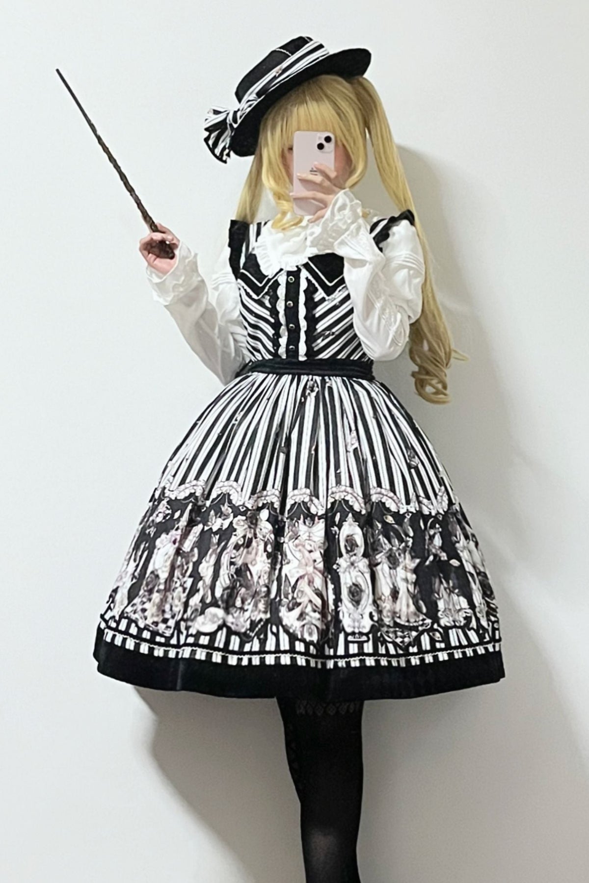 【10月3日予約締切】Black White Striped Gothic Rose Print JKS Dress(Short/Long)+ Low-Waist Square Neck Lace-Up JKS Dress