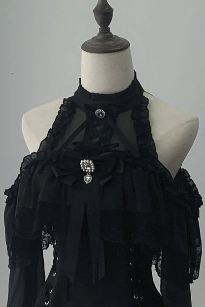 【8月30日予約締切】Black Gothic Off-Shoulder Frill Long Sleeve Dress with Bow Tie
