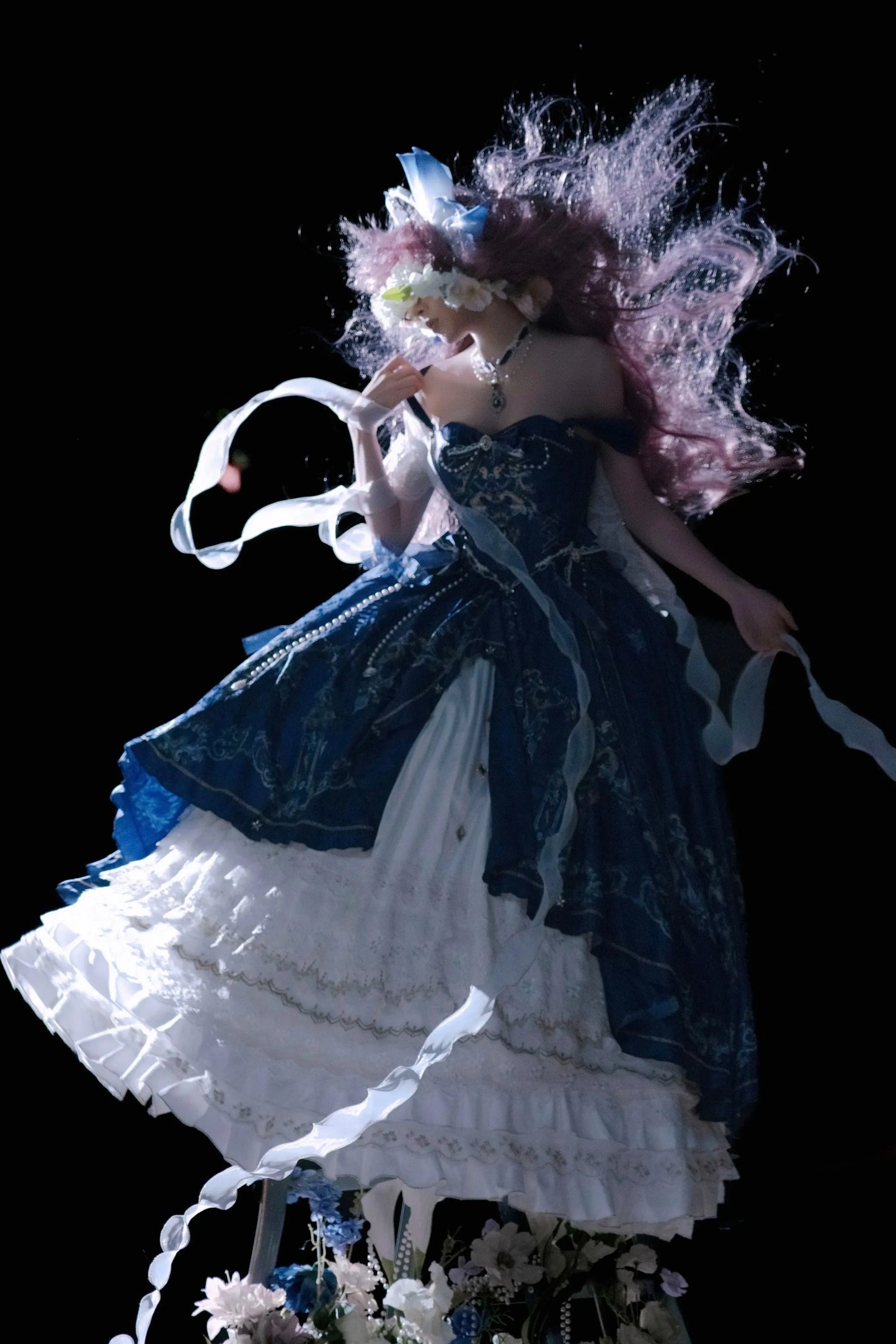 【5月3日予約締切】ダークブルーホワイトコルセットレースリボンロリータJKSプリンセスドレス＋コンプリートセット