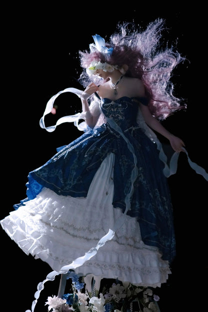 【5月3日予約締切】ダークブルーホワイトコルセットレースリボンロリータJKSプリンセスドレス＋コンプリートセット