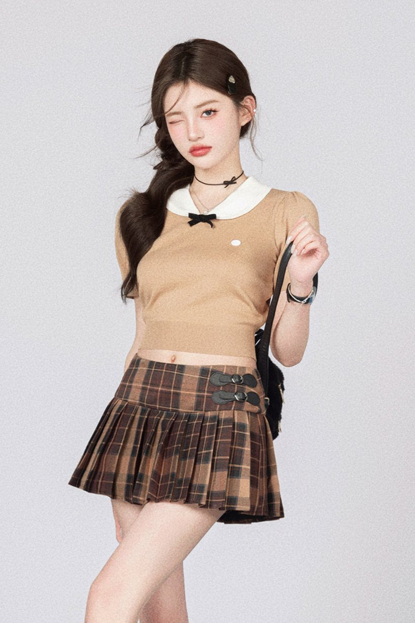 Niche Bell Collar Knit Top + Check Skirt