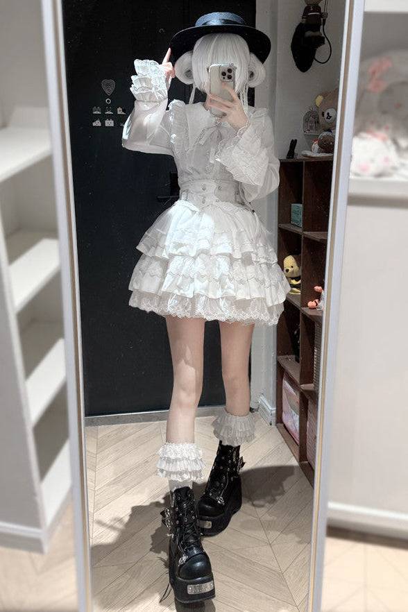 [Pre-order Deadline: January 7] Jewel Ribbon Bell Sleeve Shirt + Black Striped Tiered Skirt + Set