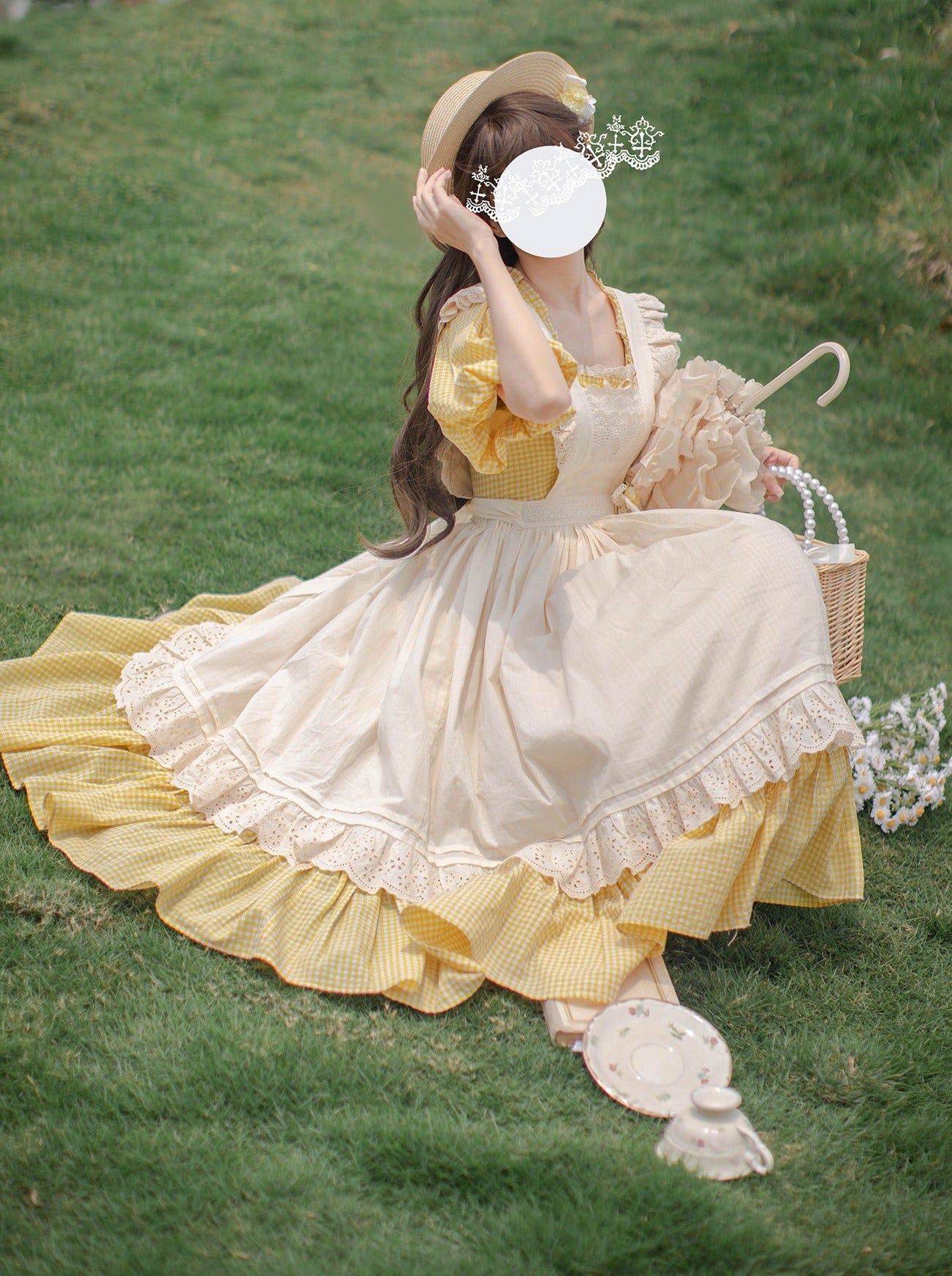 [Reservations] Retro Girly Yellow Dress + Apron + Ribbon