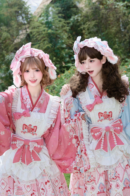 【10月21日予約締切】Pink/Blue Lamb Ear Headband With Detachable Ribbon + Strawberry Embroidered Ribbon KC